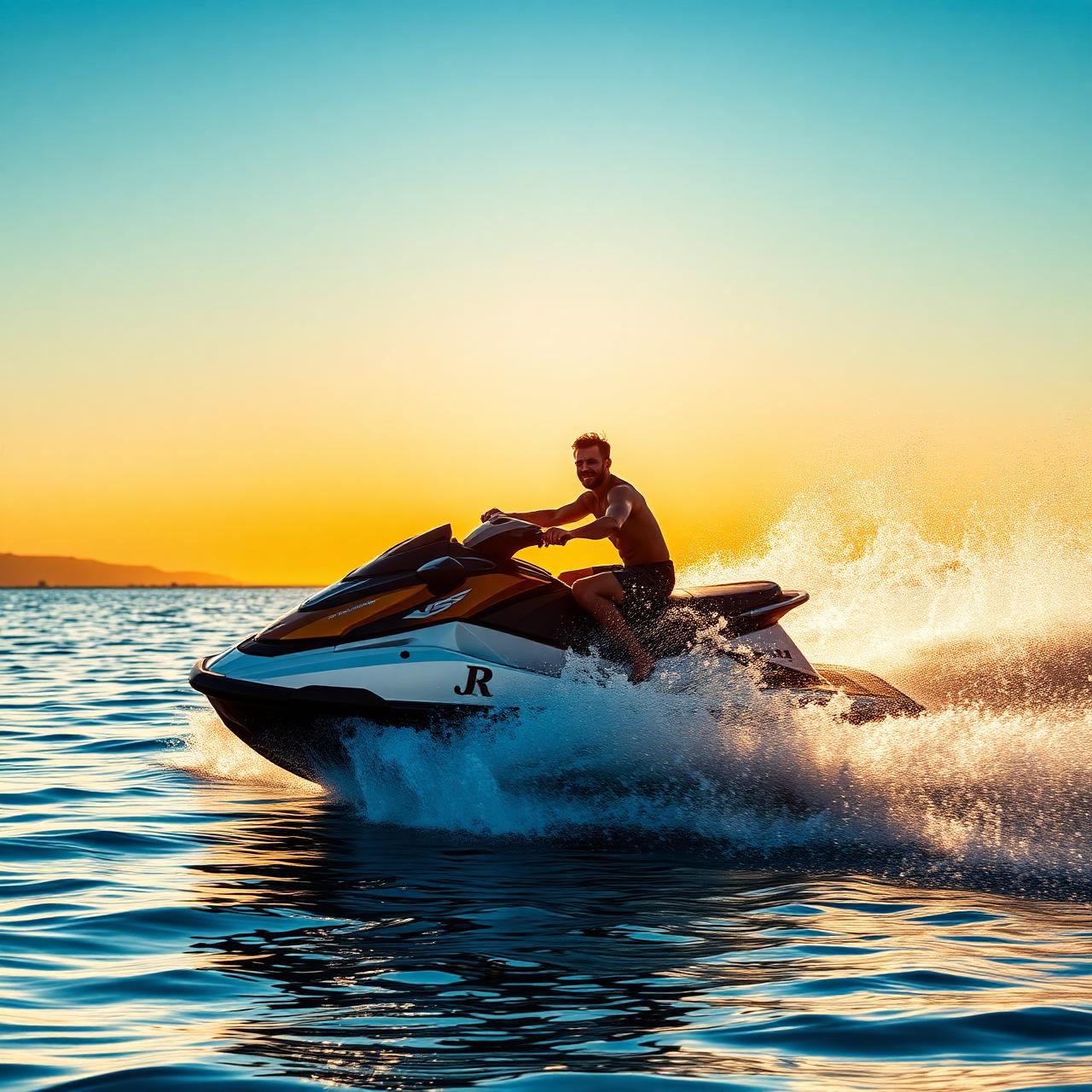 Jet ski sur l'eau au coucher du soleil